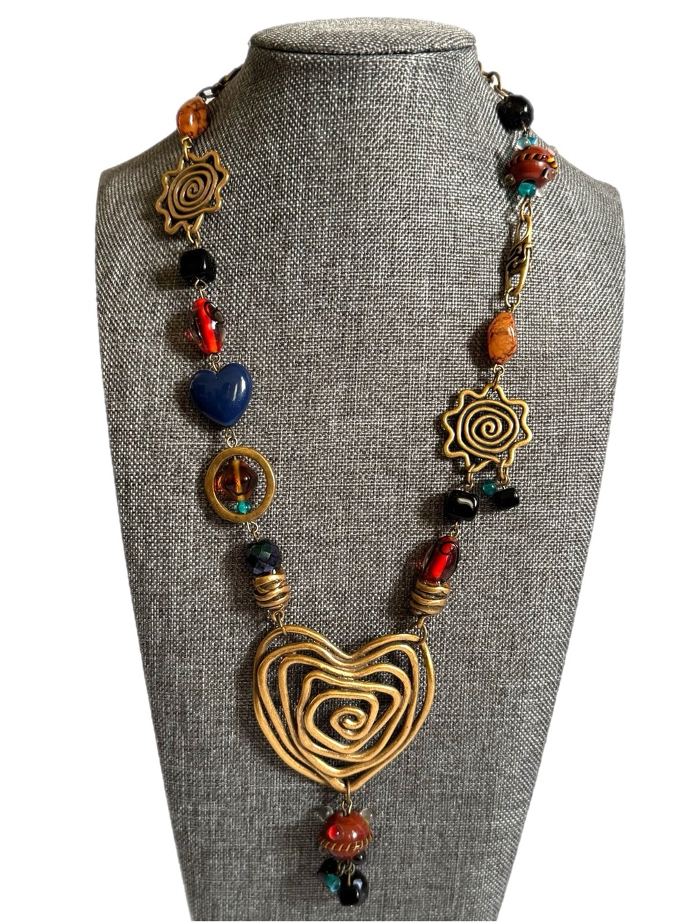 Vtg Chico’s Necklace Gold Spiral Heart Sun Boho Y2K Art Statement Beaded Artsy